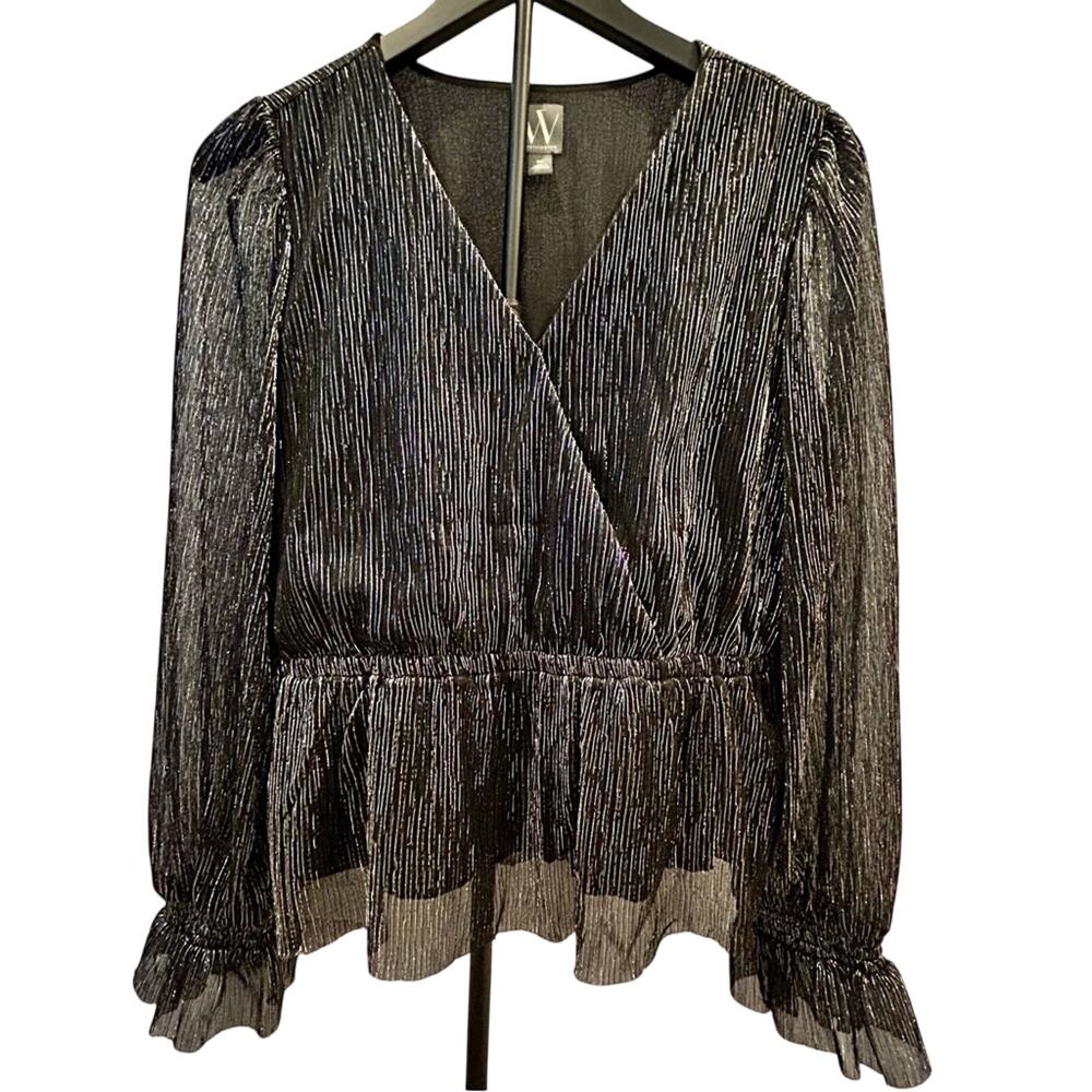 NWOT Worthington Black Silver Metallic Peplum Blouse Petite Large PL